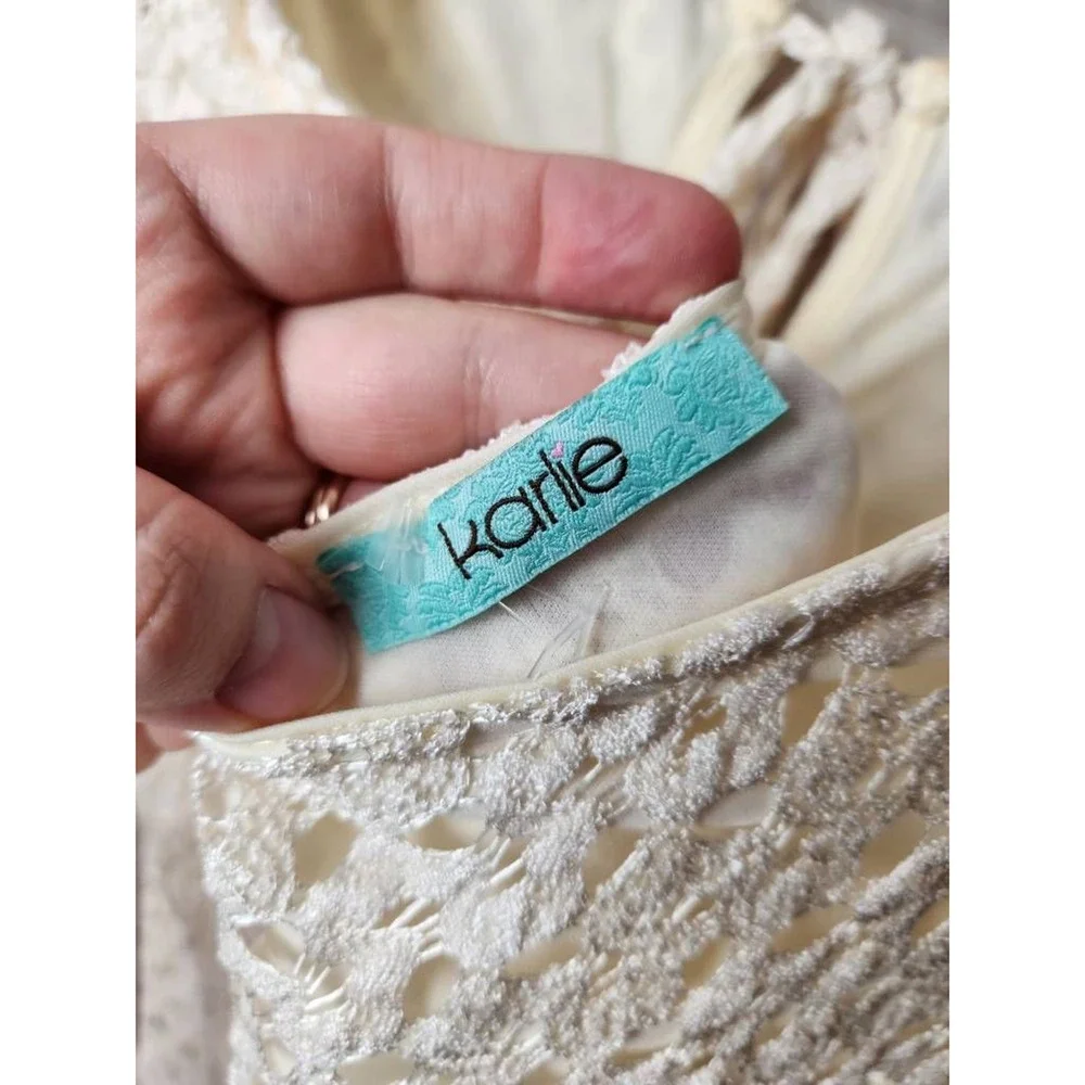 Karlie‎ Womens Hi Lo Top Off White Long Sleeve Bell Open Back Crochet USA Boho M - Picture 5 of 6